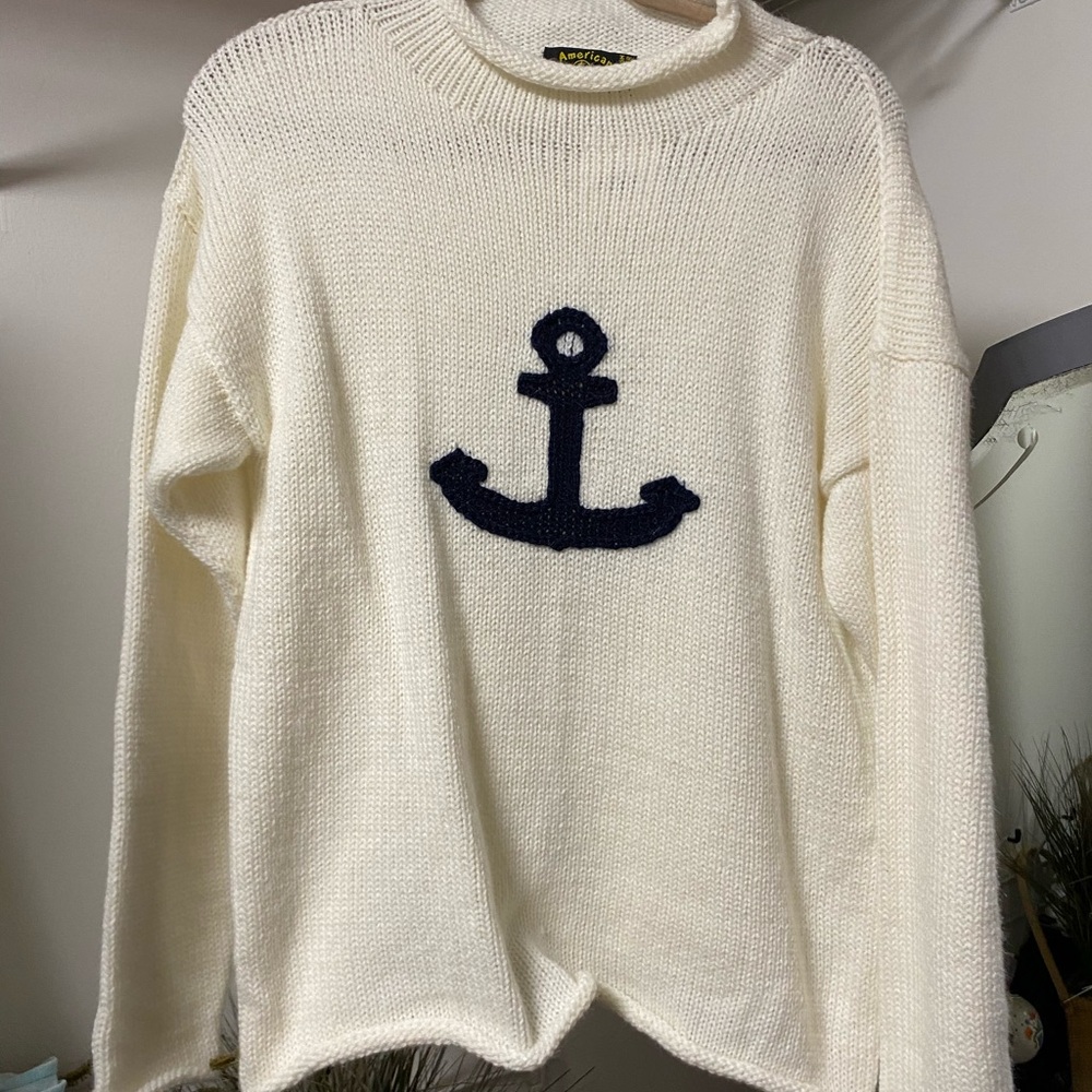 White and Blue Cowl Neck Sweater with Relaxed Fit and Anchor Design